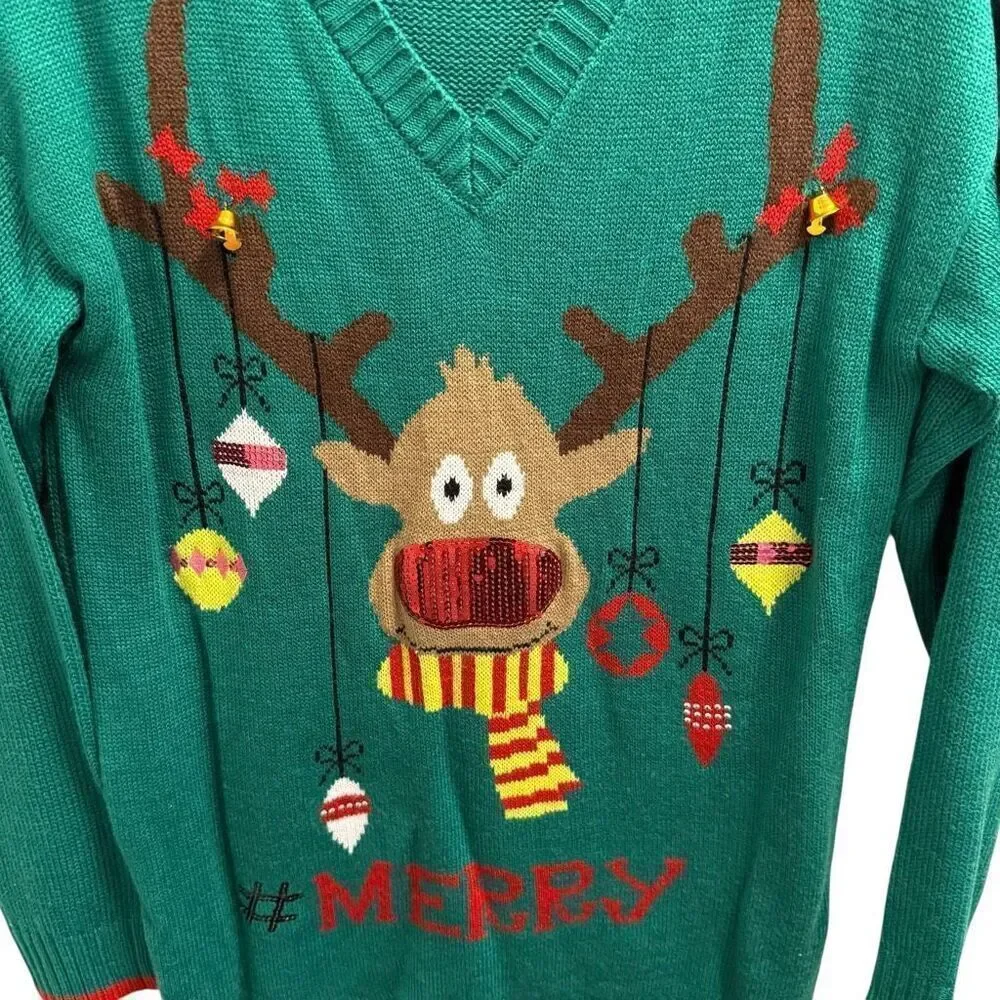 Allison Brittney green reindeer ugly Christmas sweater large